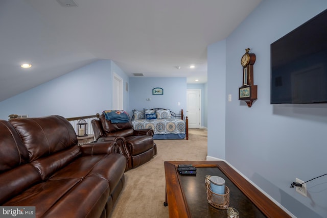 bedroom featuring recessed lighting, baseboards, and light carpet