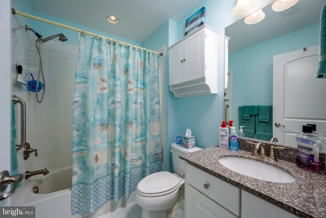 bathroom featuring tile patterned floors, shower / tub combo with curtain, toilet, recessed lighting, and vanity