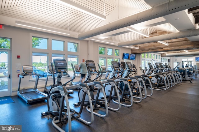 gym featuring lofted ceiling and plenty of natural light