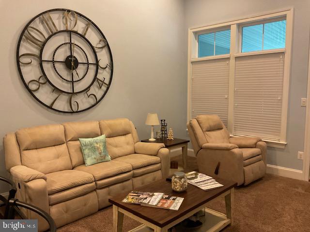 living room with dark colored carpet