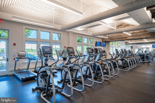 workout area with a wealth of natural light and a high ceiling