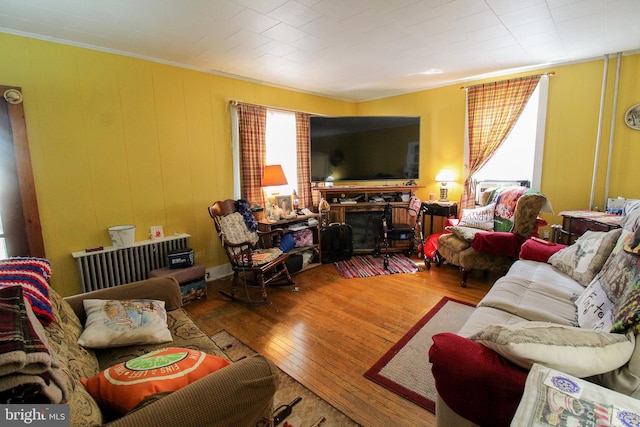 living room with ornamental molding, hardwood / wood-style flooring, and a fireplace