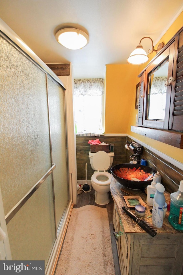 bathroom with vanity, toilet, wood walls, and a shower with door