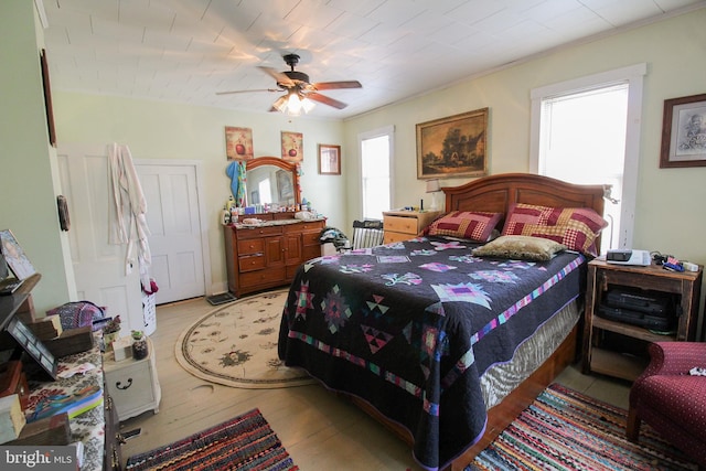 bedroom featuring ornamental molding, multiple windows, a ceiling fan, and light wood-style floors