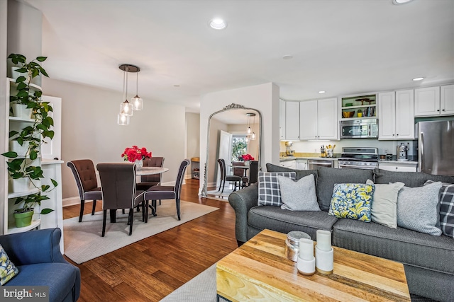 living room with dark hardwood / wood-style flooring