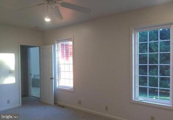 empty room featuring ceiling fan and light colored carpet