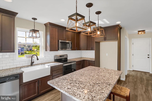 kitchen with decorative light fixtures, hardwood / wood-style flooring, stainless steel appliances, and sink