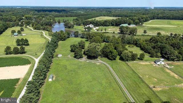 drone / aerial view with a water view and a rural view