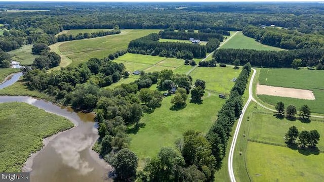 bird's eye view featuring a water view and a rural view