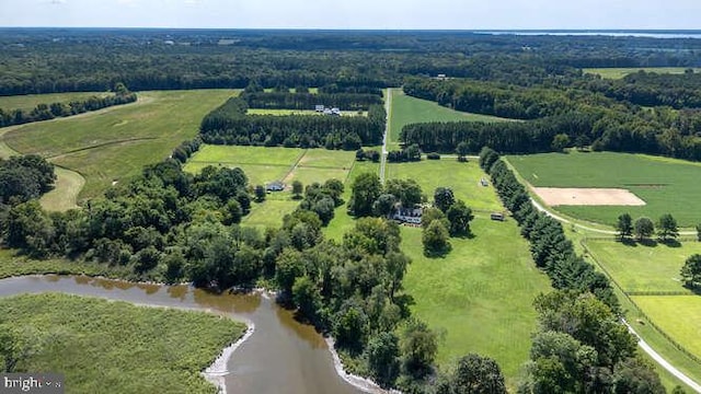 bird's eye view with a water view and a rural view