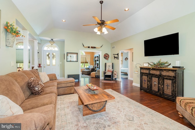 living area featuring recessed lighting, visible vents, a ceiling fan, dark wood finished floors, and ornate columns