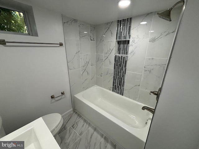 full bath with baseboards, toilet, shower / tub combination, recessed lighting, and marble finish floor