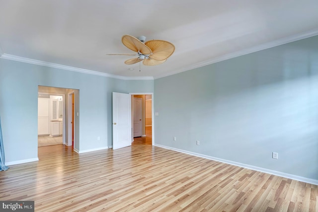 unfurnished bedroom with ceiling fan, crown molding, and light hardwood / wood-style floors