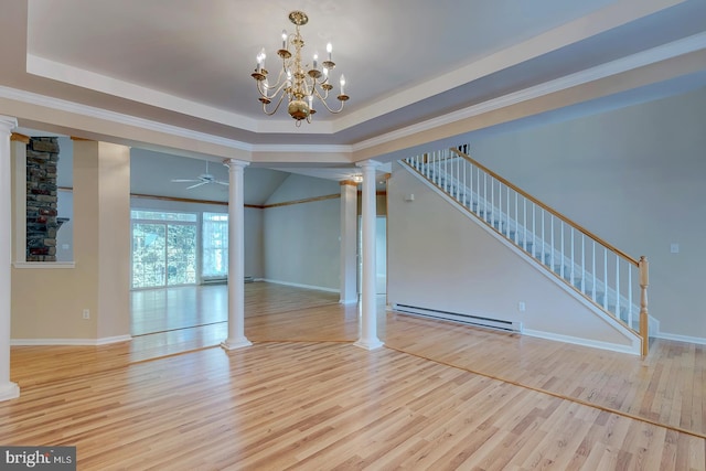 interior space featuring light wood-type flooring, ceiling fan with notable chandelier, crown molding, a raised ceiling, and a baseboard radiator