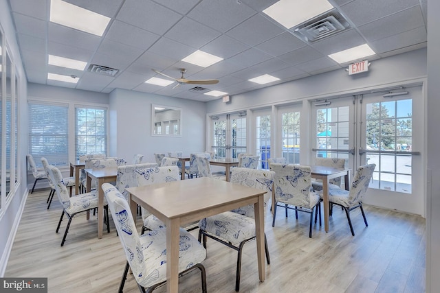 dining area featuring ceiling fan, light hardwood / wood-style floors, a drop ceiling, and a healthy amount of sunlight