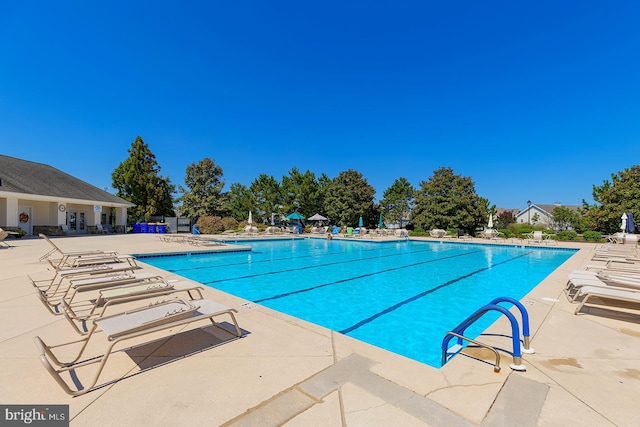 view of swimming pool with a patio area