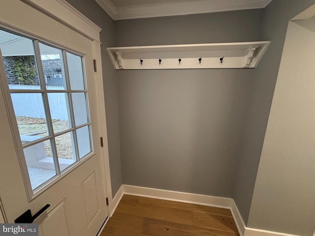 interior space with a wealth of natural light, dark hardwood / wood-style flooring, and ornamental molding