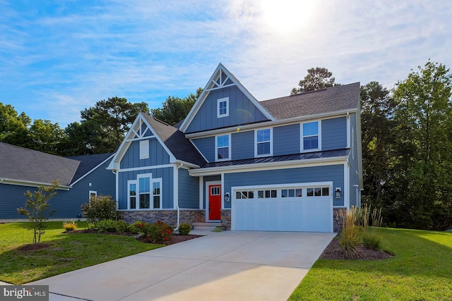 craftsman-style house with a front lawn and a garage