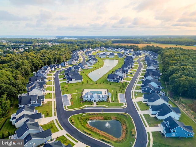 bird's eye view with a water view