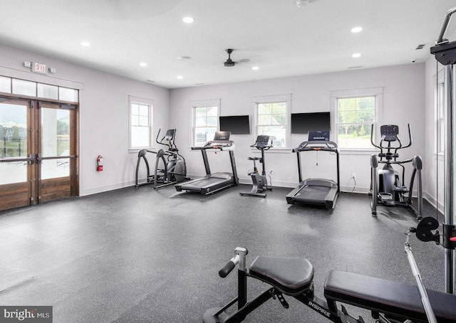 workout area featuring ceiling fan