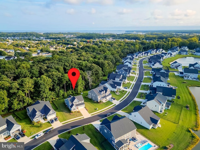 drone / aerial view featuring a water view