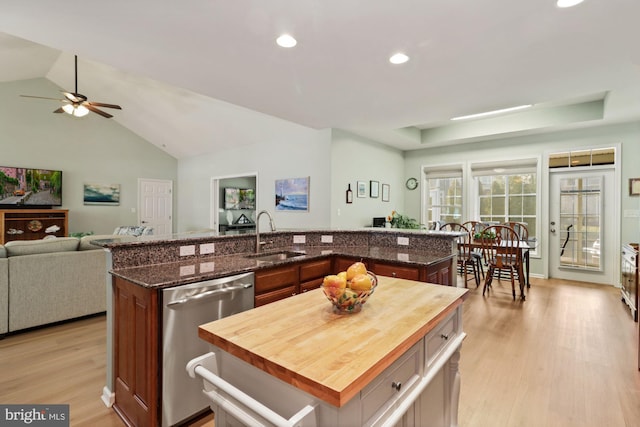 kitchen featuring a center island, sink, ceiling fan, stainless steel dishwasher, and light hardwood / wood-style floors