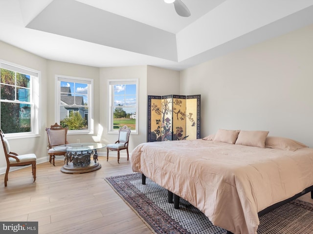 bedroom with multiple windows, baseboards, a raised ceiling, and light wood-style floors