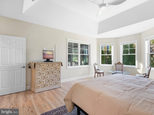 bedroom with multiple windows, baseboards, a tray ceiling, and wood finished floors