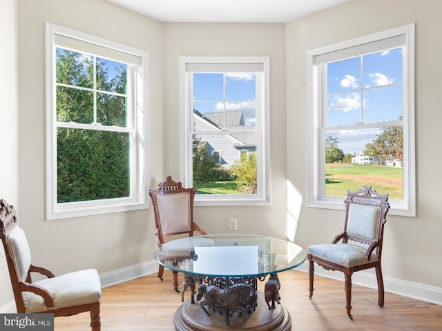 living area with baseboards and light wood-style flooring