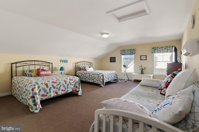 bedroom with dark colored carpet, a wall mounted air conditioner, and vaulted ceiling