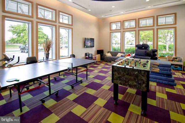 recreation room featuring carpet and a high ceiling