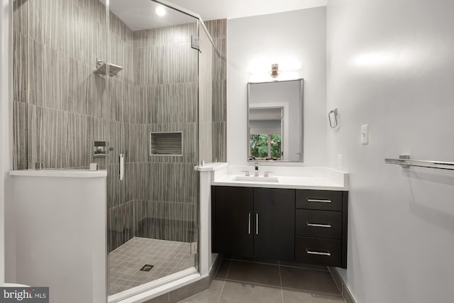 full bath with tile patterned flooring, vanity, and a stall shower