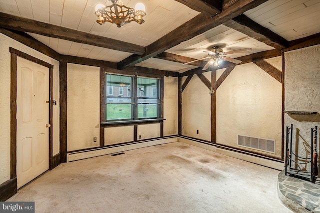 interior space featuring wooden ceiling, ceiling fan with notable chandelier, beamed ceiling, and light colored carpet