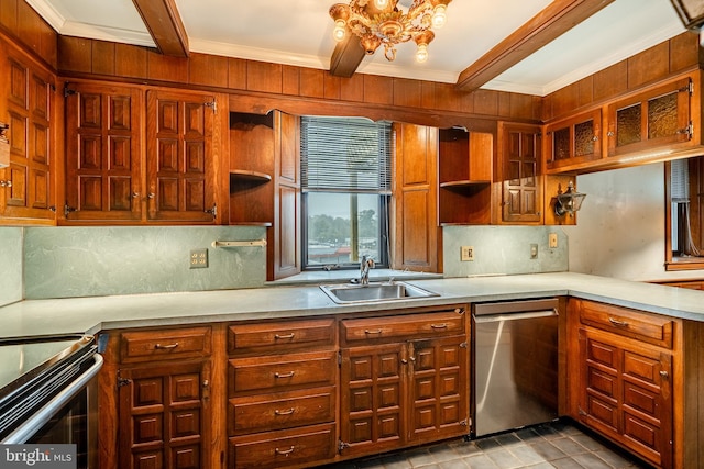 kitchen with dishwasher, beamed ceiling, tasteful backsplash, sink, and a notable chandelier