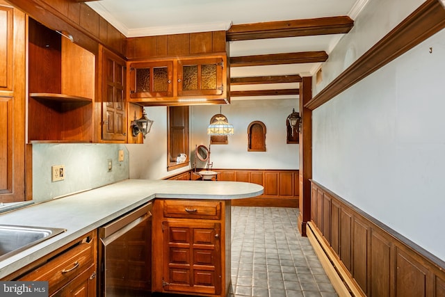 kitchen with pendant lighting, sink, kitchen peninsula, ornamental molding, and stainless steel dishwasher