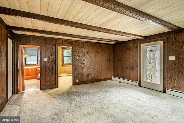 interior space featuring beam ceiling, wooden walls, wooden ceiling, light colored carpet, and a baseboard radiator