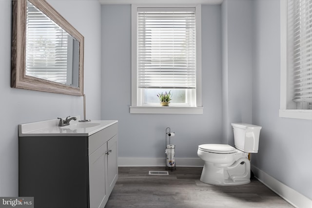 bathroom with vanity, toilet, a wealth of natural light, and wood-type flooring