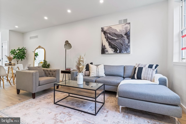 living room with light hardwood / wood-style flooring