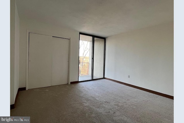 unfurnished bedroom featuring a closet, access to exterior, and carpet floors