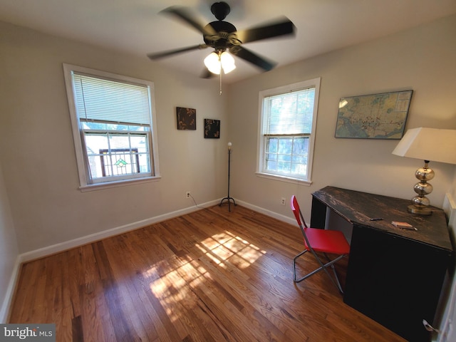 office featuring ceiling fan, wood-type flooring, and a healthy amount of sunlight