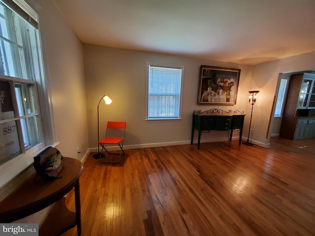 living area with baseboards and wood finished floors