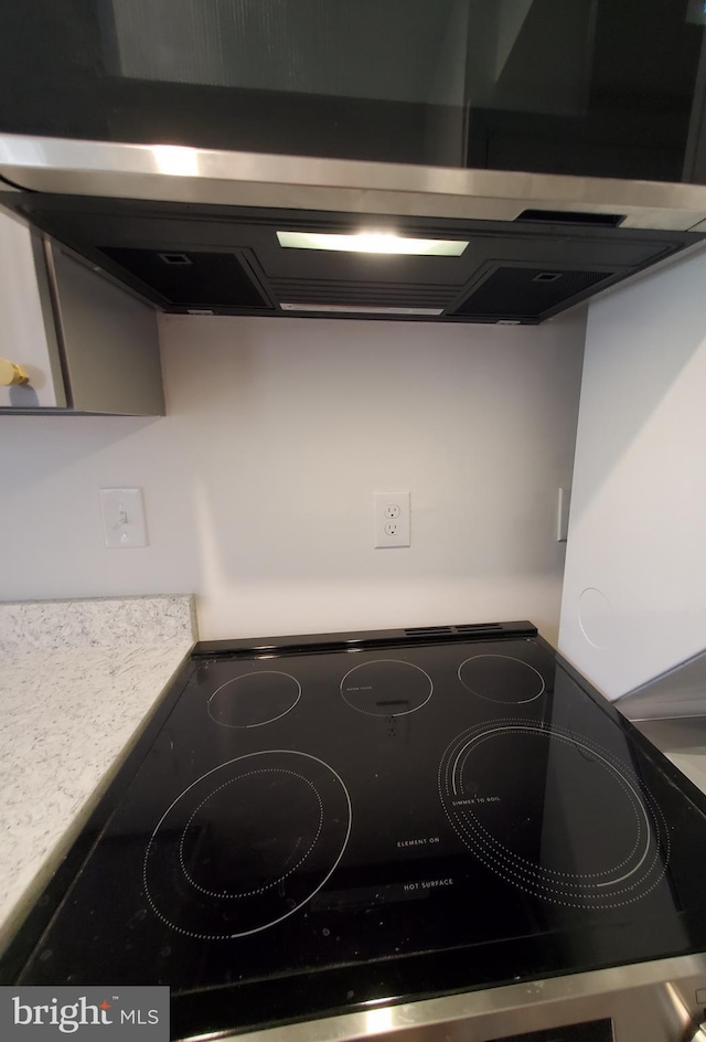 details with light countertops, exhaust hood, and stove