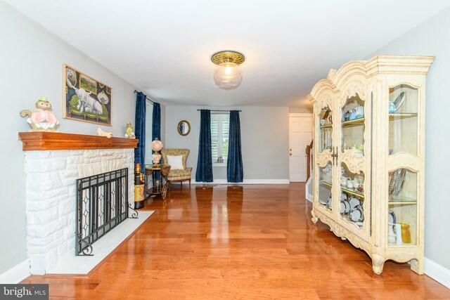 interior space with a fireplace and wood-type flooring