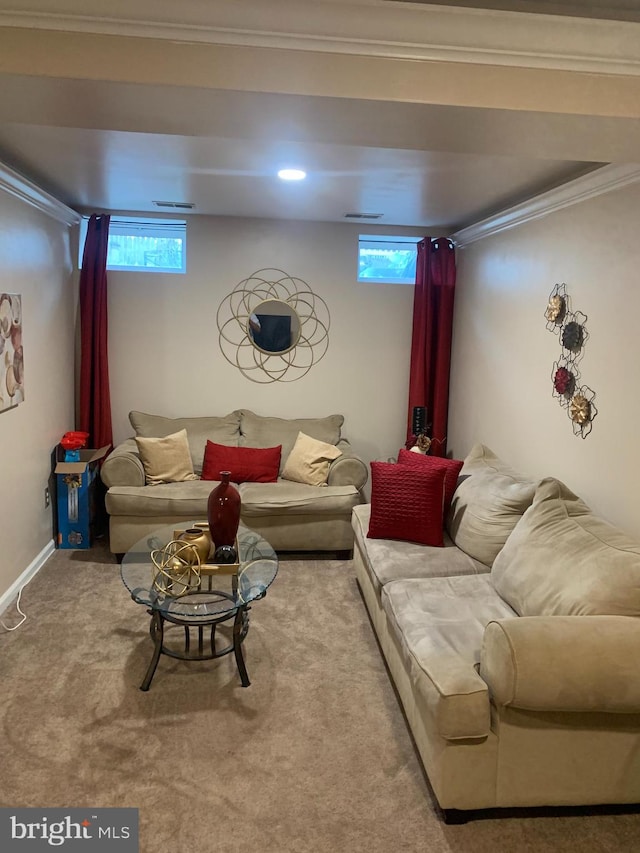 carpeted living room with crown molding