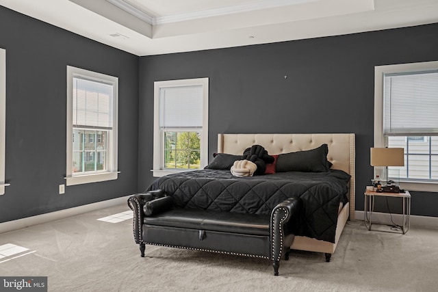 carpeted bedroom with a raised ceiling and ornamental molding