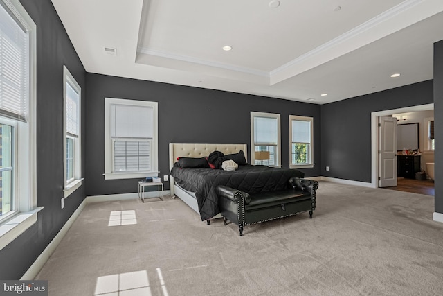 carpeted bedroom featuring crown molding, multiple windows, a raised ceiling, and connected bathroom