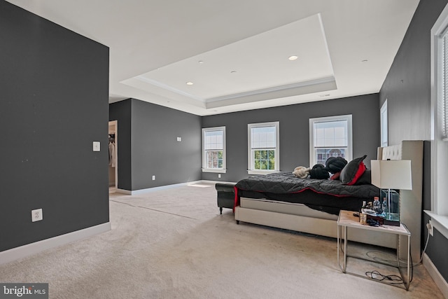 bedroom featuring a tray ceiling and light carpet