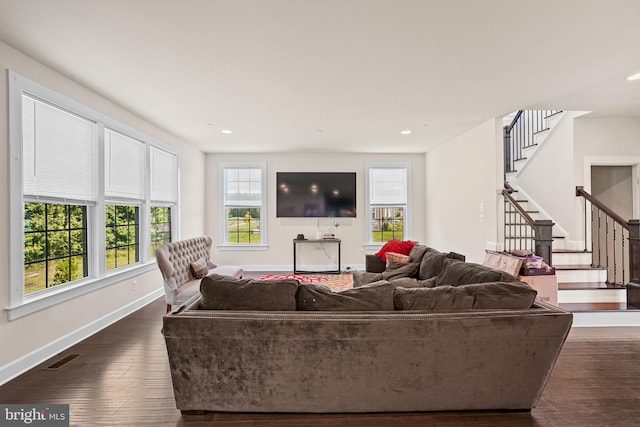 living room with dark hardwood / wood-style flooring