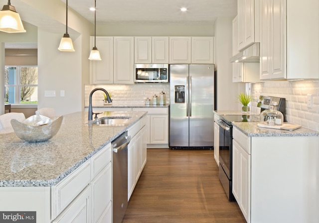 kitchen with an island with sink, dark wood-type flooring, stainless steel appliances, sink, and light stone counters