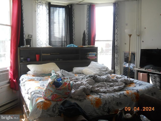 bedroom featuring multiple windows and a baseboard radiator